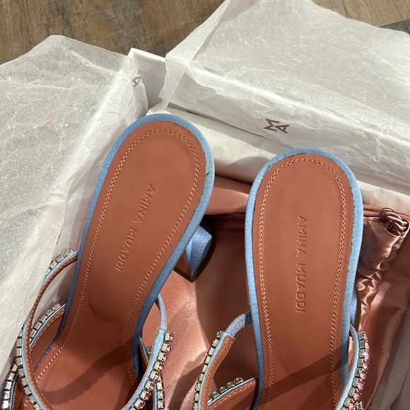 Amina Muaddi glida mule heels in powder blue with pink embellishments - Picture 8 of 8